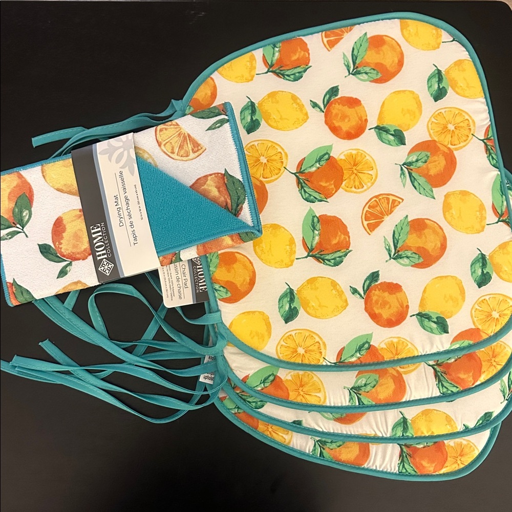 4 lemon 🍋 & orange 🍊 print square chair pads with rounded corners + drying mat